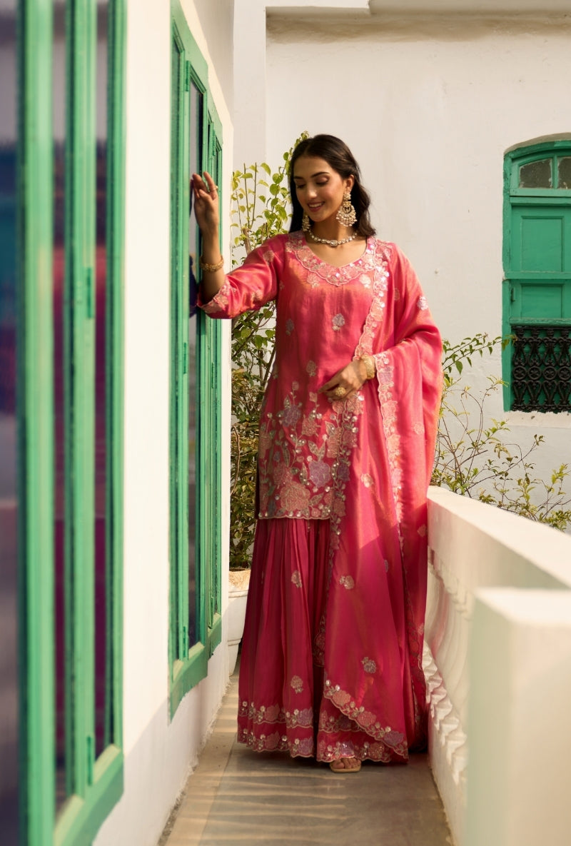 Pink Floral Thread Embroidery Nadira Sharara Set