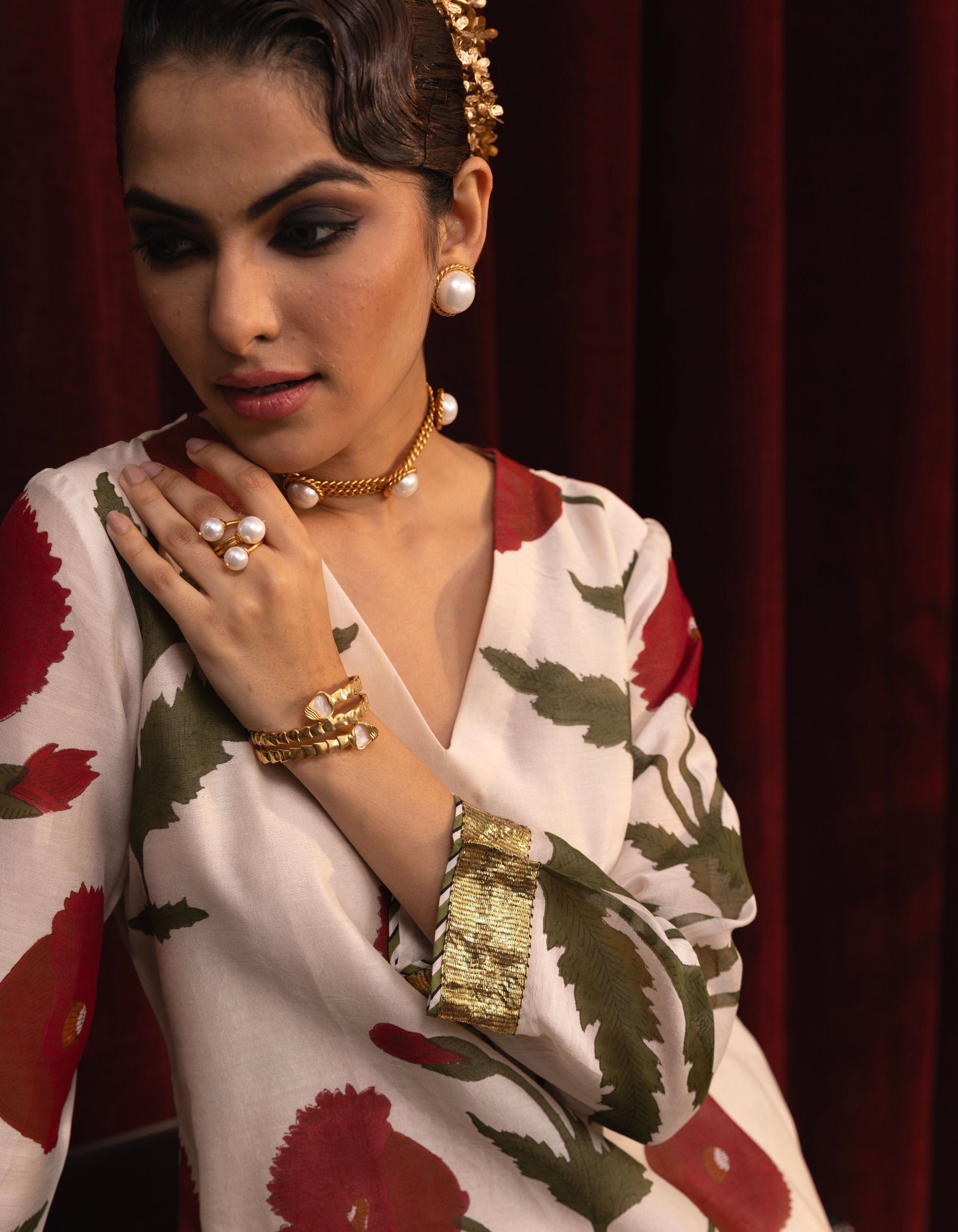 Ivory Poppy Block Print Mogra Sharara Set