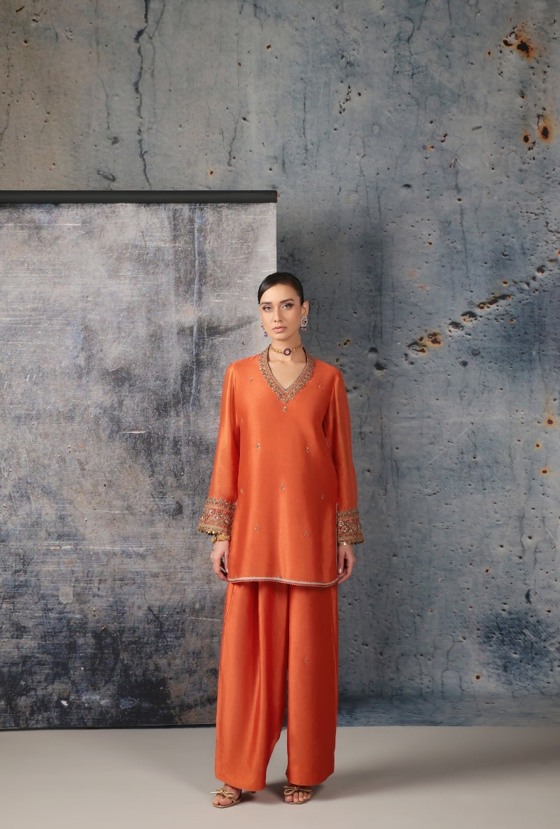 Orange V Neck Short Nihira Salwar Set