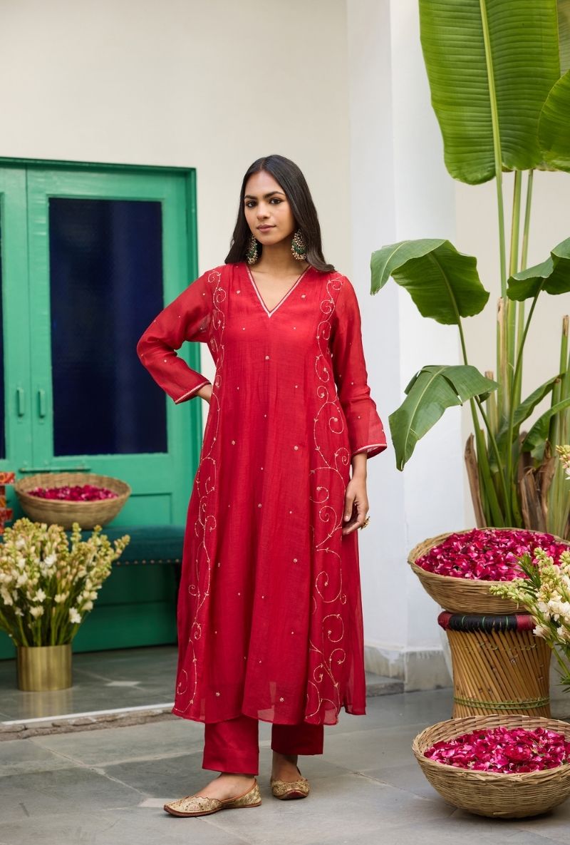 Red Embroidered Side Panels Urvi Kurta Set