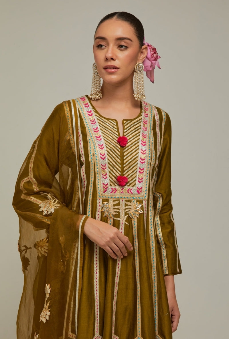 Dark Mehendi Green Multistripe Gota long Mehreen Anarkali Set