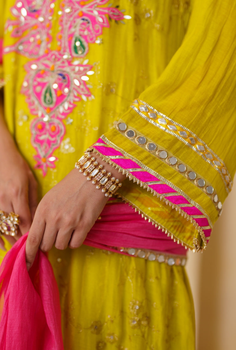 Lime Green Contrast Patch Yoke Nargis Kurta Set