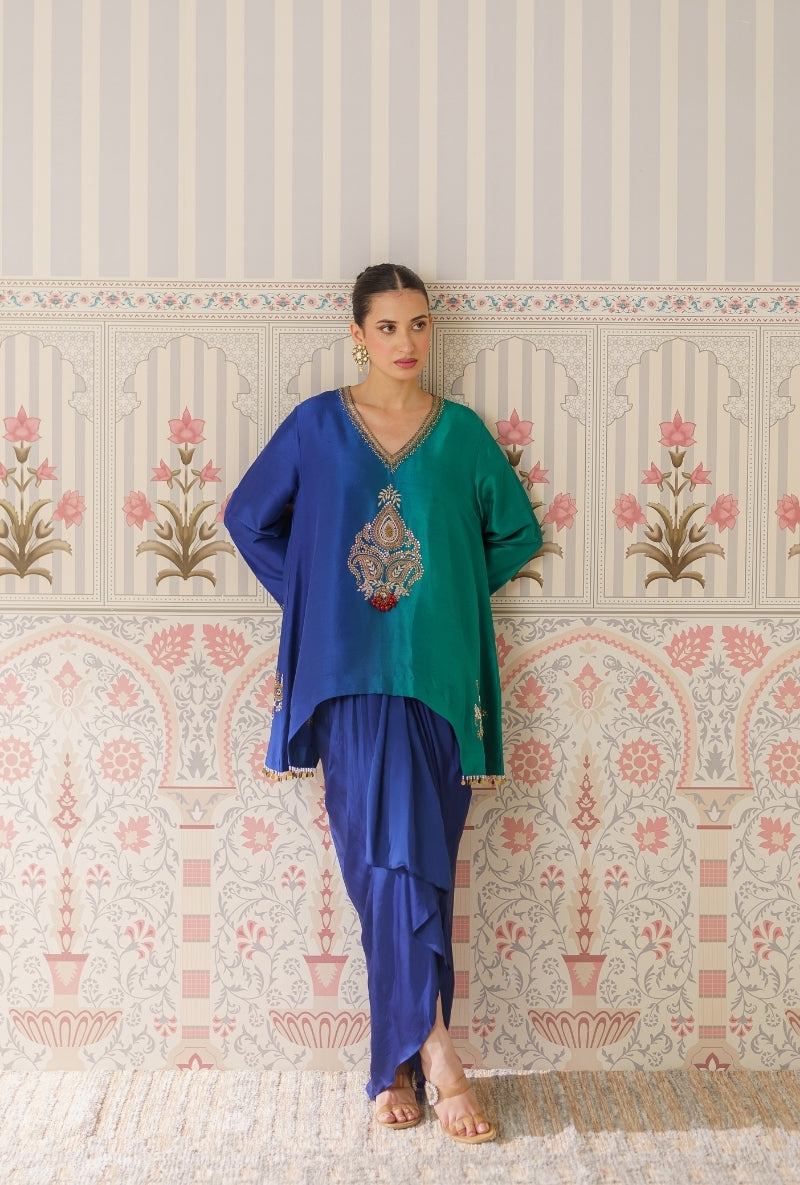 Blue &amp; Green Ombre Motif Hand Embroidery Mallika Drape Skirt Set