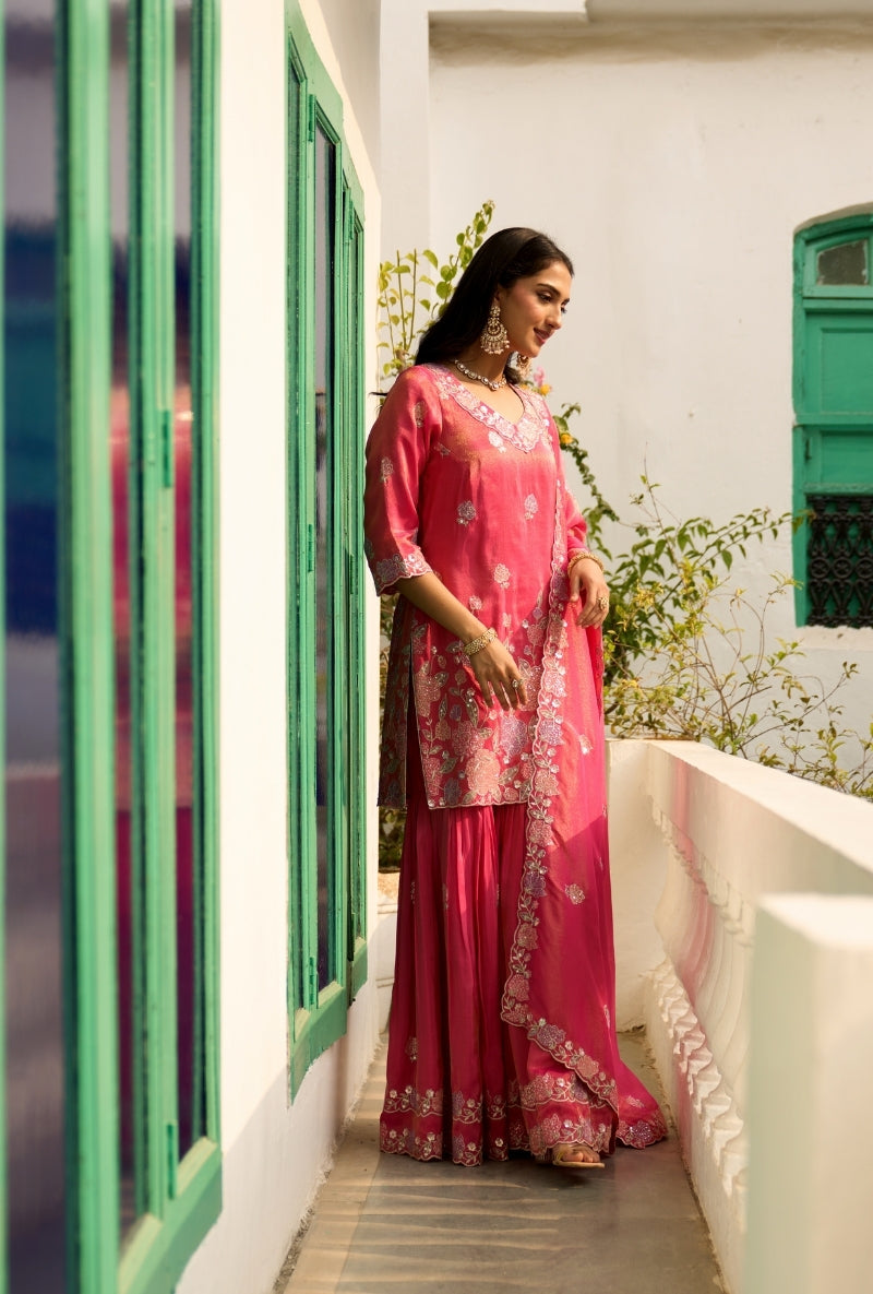 Pink Floral Thread Embroidery Nadira Sharara Set
