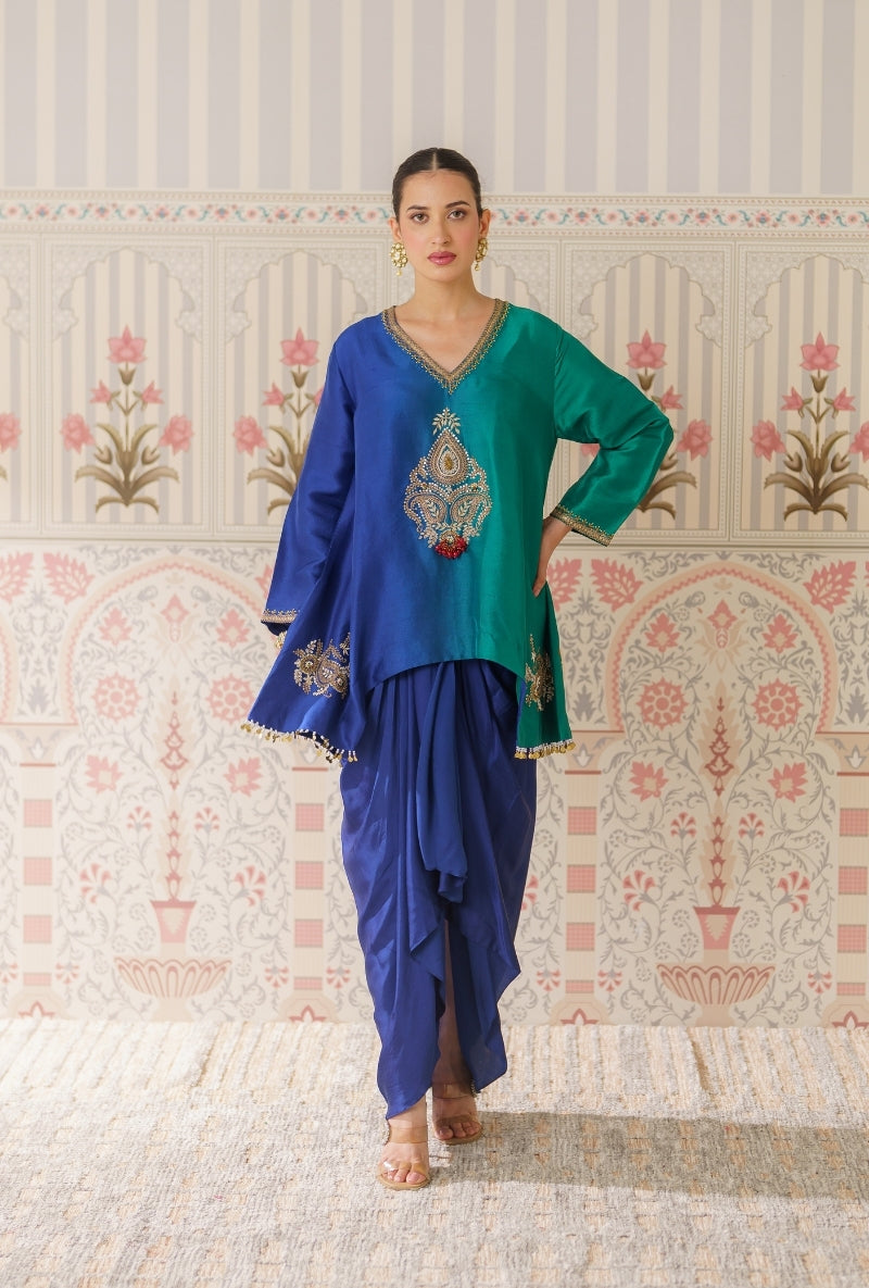 Blue &amp; Green Ombre Motif Hand Embroidery Mallika Drape Skirt Set