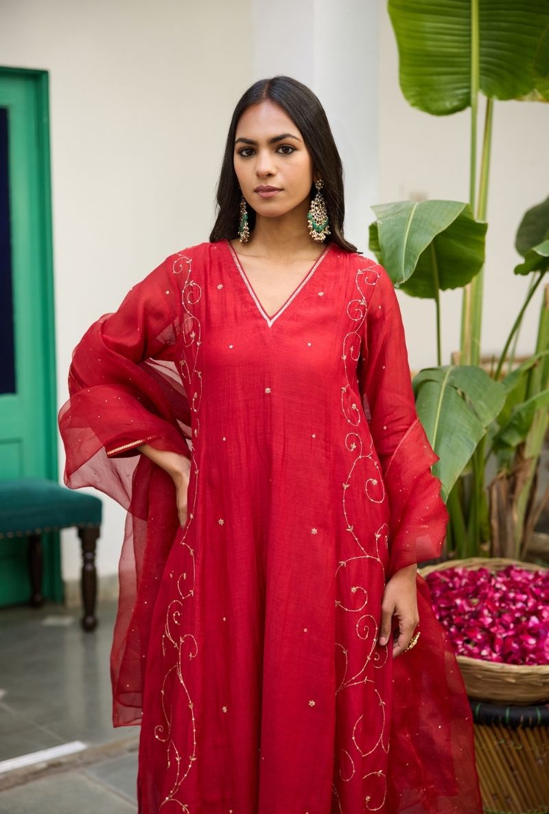 Red Embroidered Side Panels Urvi Kurta Set