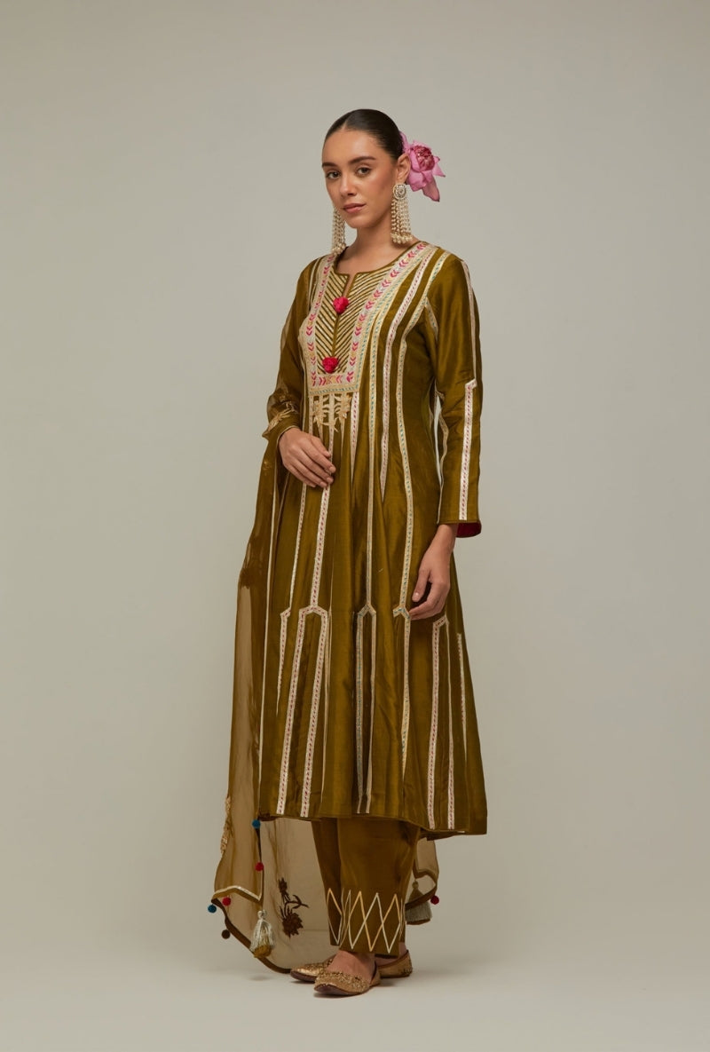 Dark Mehendi Green Multistripe Gota long Mehreen Anarkali Set
