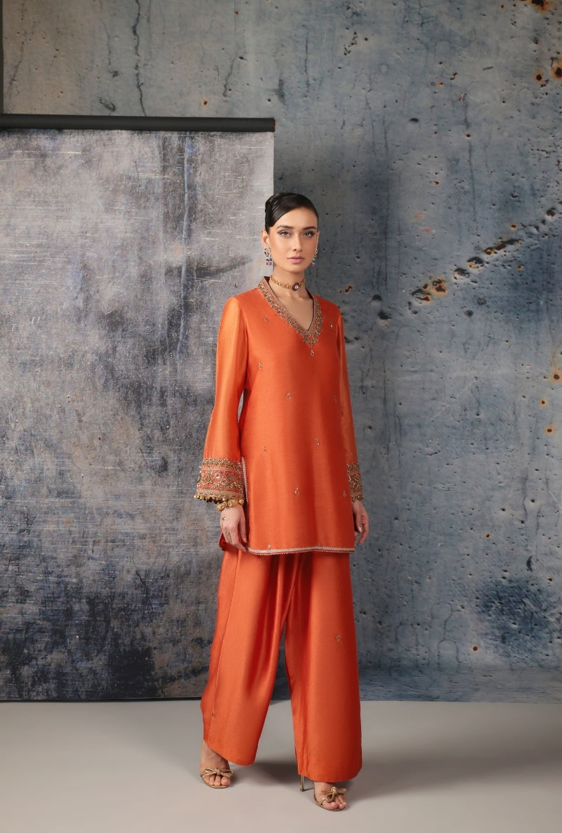 Orange V Neck Short Nihira Salwar Set