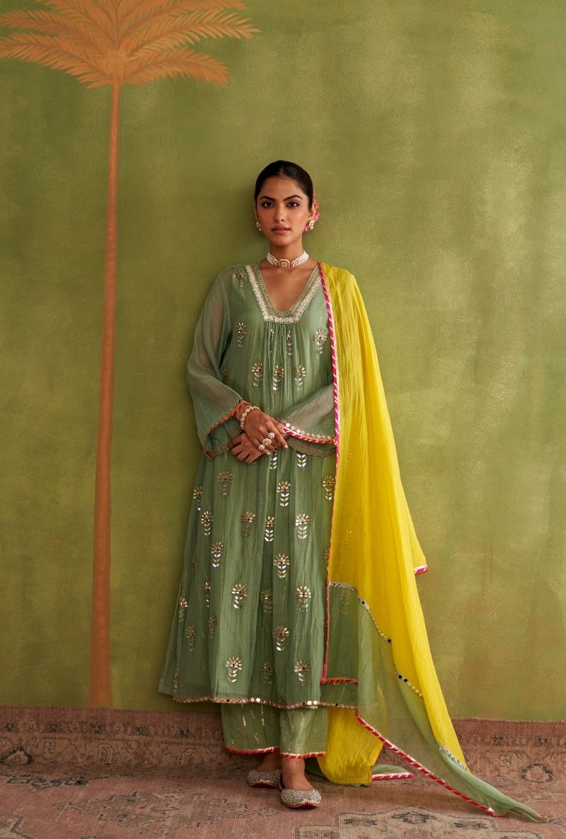 Sage Green Square Neck Morbagh Kurta Set