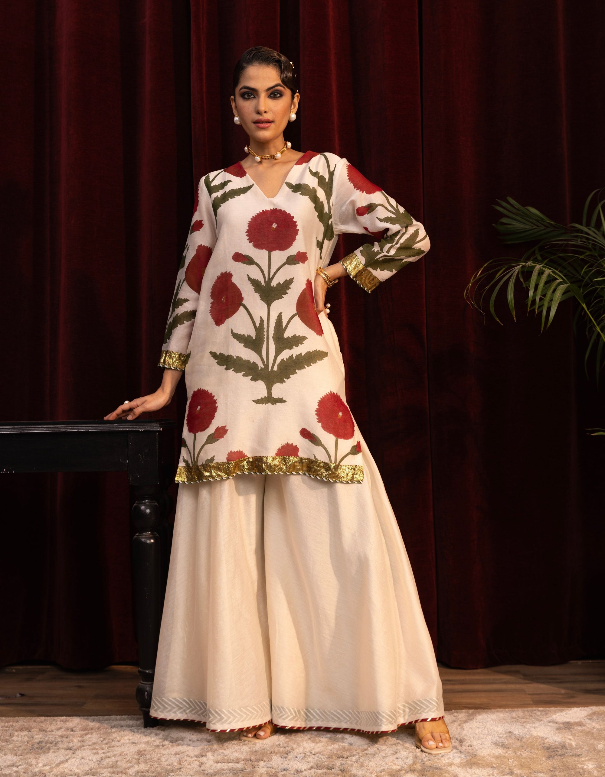 Ivory Poppy Block Print Mogra Sharara Set