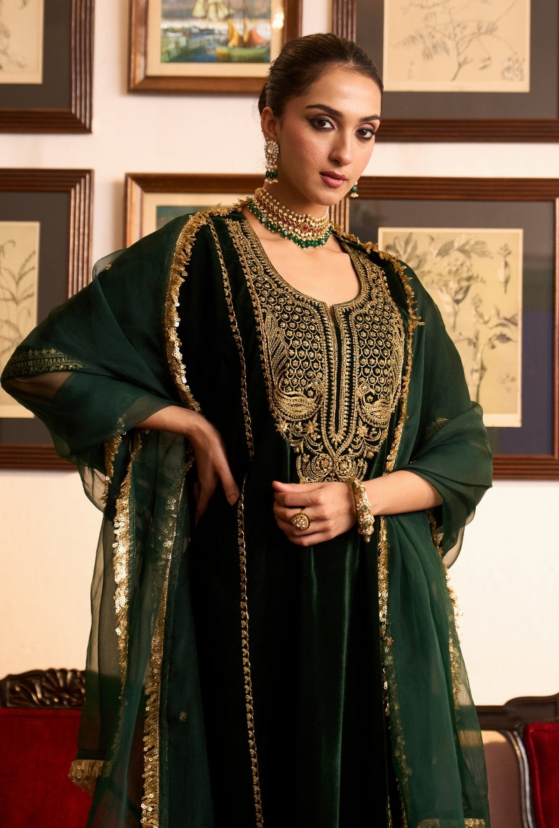 Bottle Green Choga Style Panneled Dilbar Kurta Set