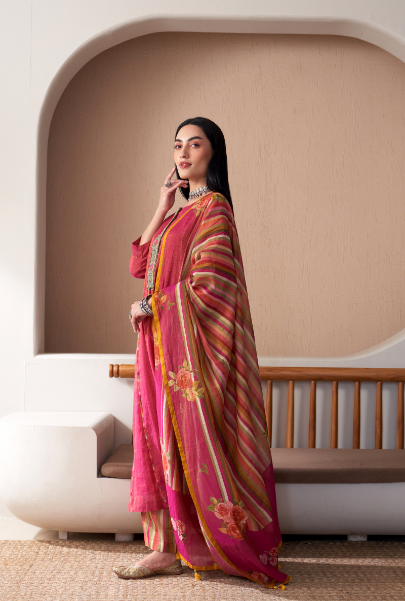Pink Embroidered Placket Bageecha Anarkali Set