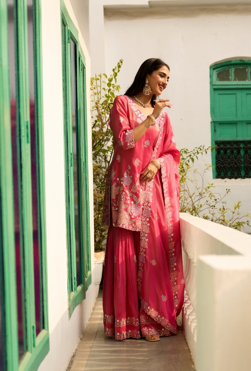 Pink Floral Thread Embroidery Nadira Sharara Set