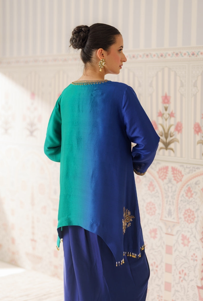 Blue &amp; Green Ombre Motif Hand Embroidery Mallika Drape Skirt Set