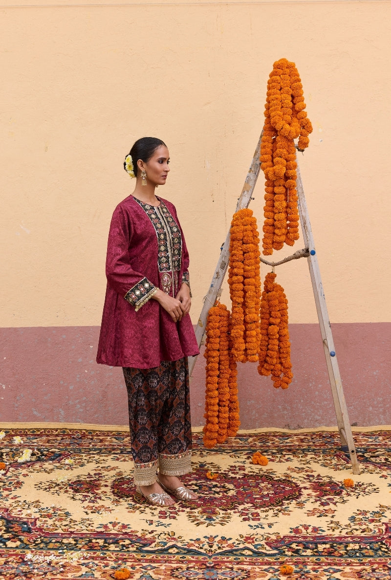 Maroon Printed Jacket Oorja Salwar Set