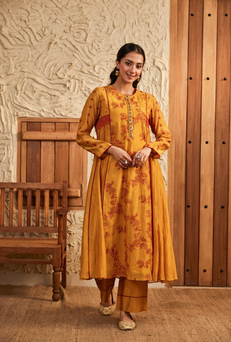Mustard Red Thread Word Side Kali Aadhya Anarkali Set