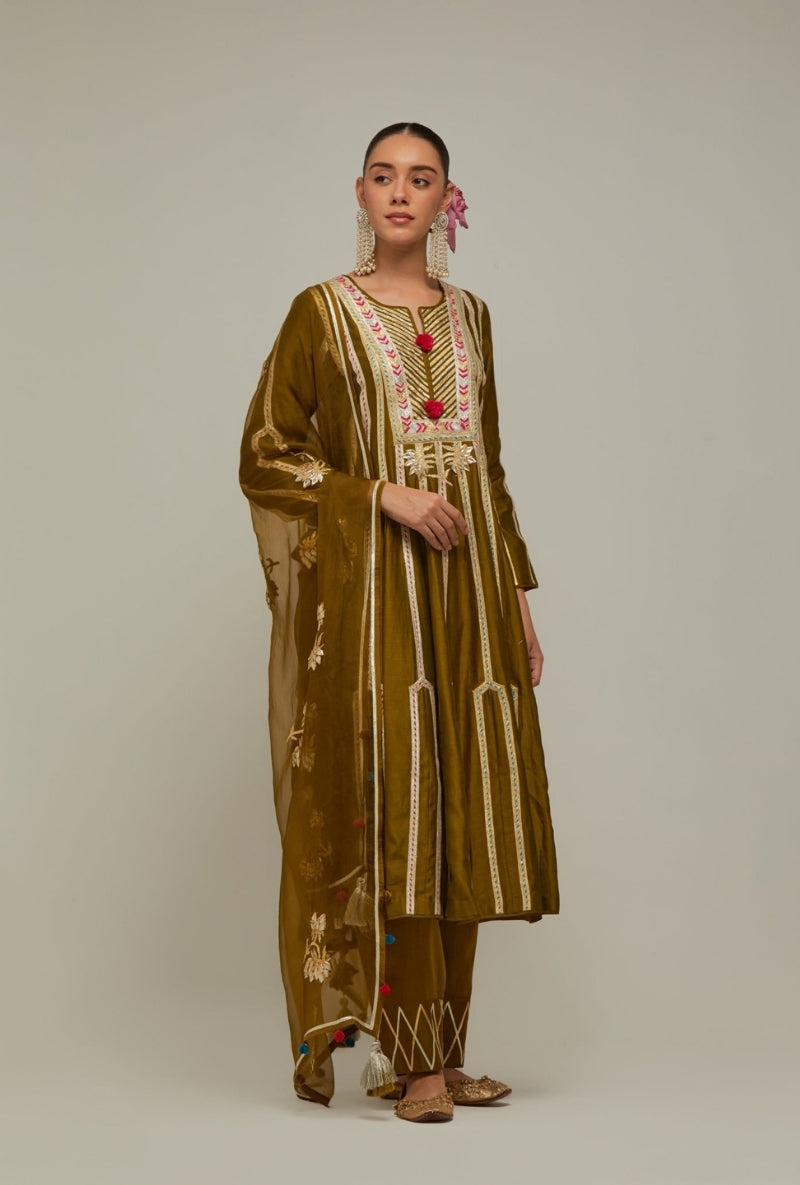 Dark Mehendi Green Multistripe Gota long Mehreen Anarkali Set