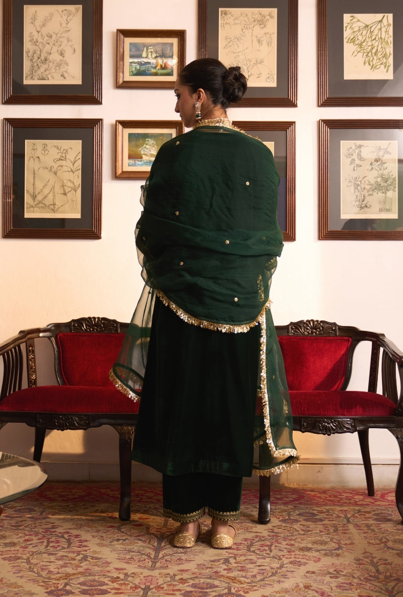 Bottle Green Choga Style Panneled Dilbar Kurta Set