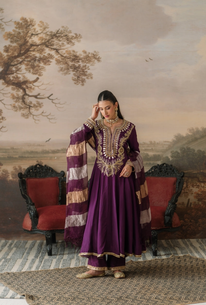 Purple Heavy Gota Zari Yoke Gulbano Anarakali Set