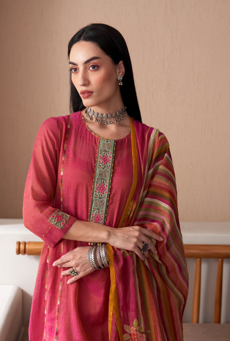 Pink Embroidered Placket Bageecha Anarkali Set