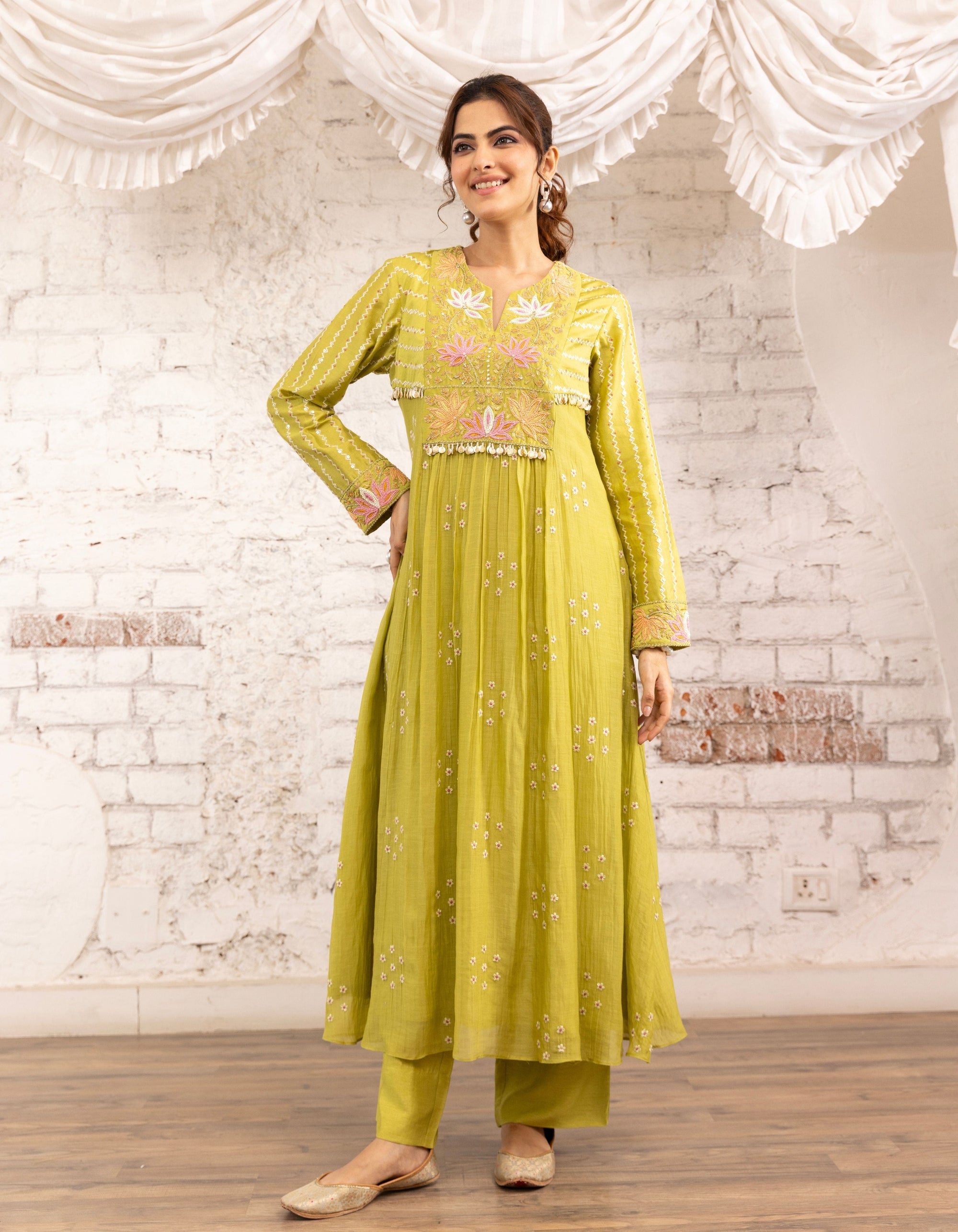 Green Lotus Yoke Noor Anarkali Kurta Set