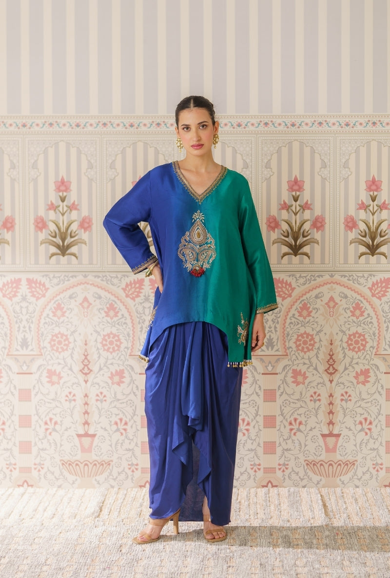 Blue &amp; Green Ombre Motif Hand Embroidery Mallika Drape Skirt Set