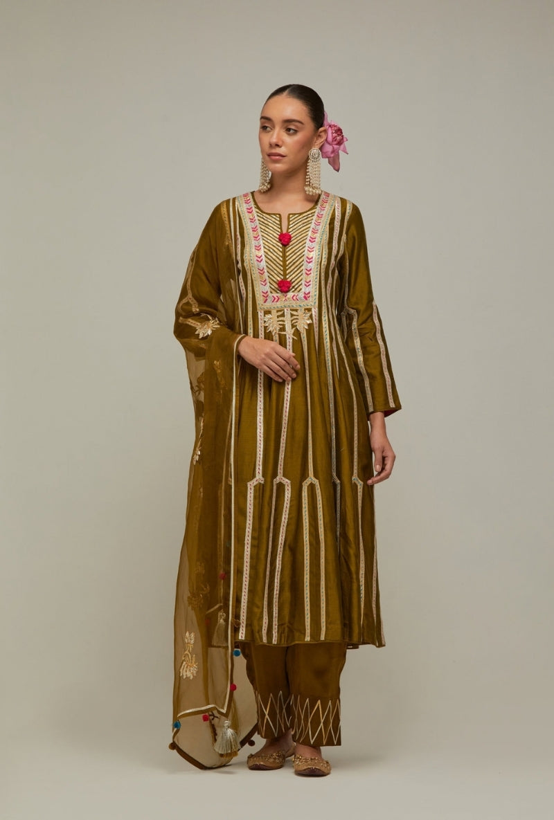 Dark Mehendi Green Multistripe Gota long Mehreen Anarkali Set