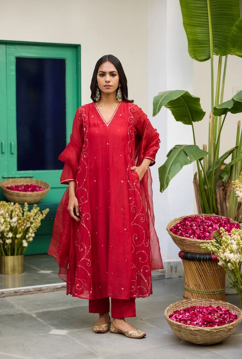 Red Embroidered Side Panels Urvi Kurta Set