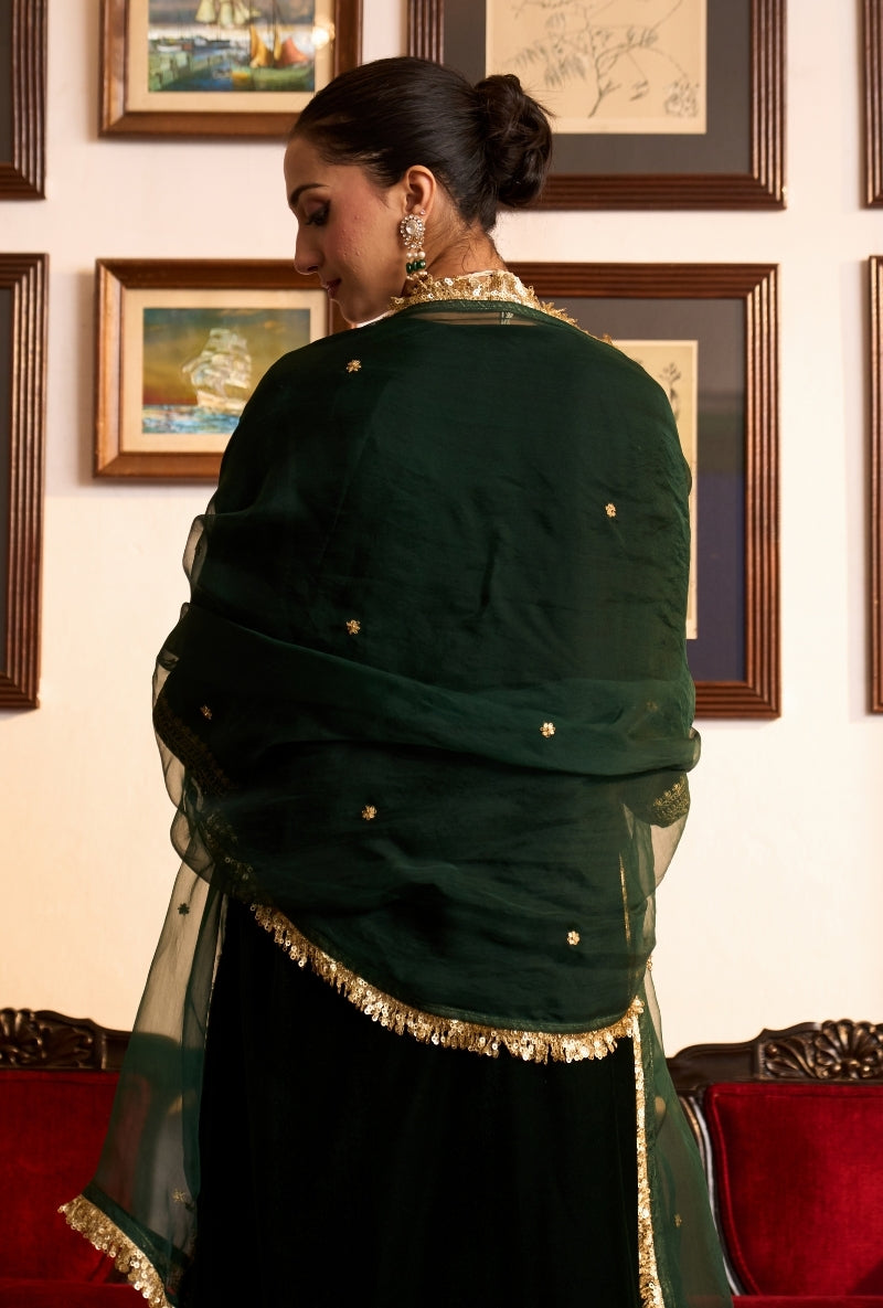 Bottle Green Choga Style Panneled Dilbar Kurta Set