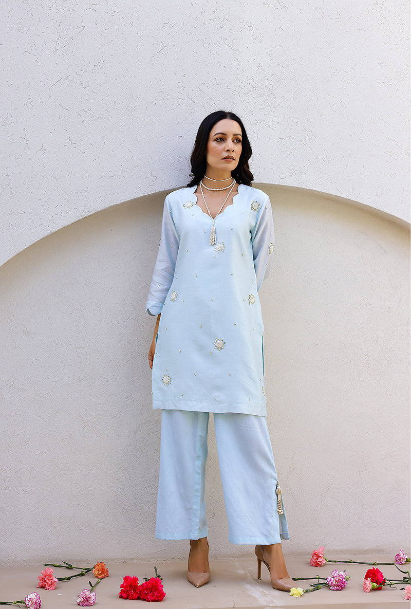Blue Scalloped Pearl Embroidered Magnolia Short Kurta Set