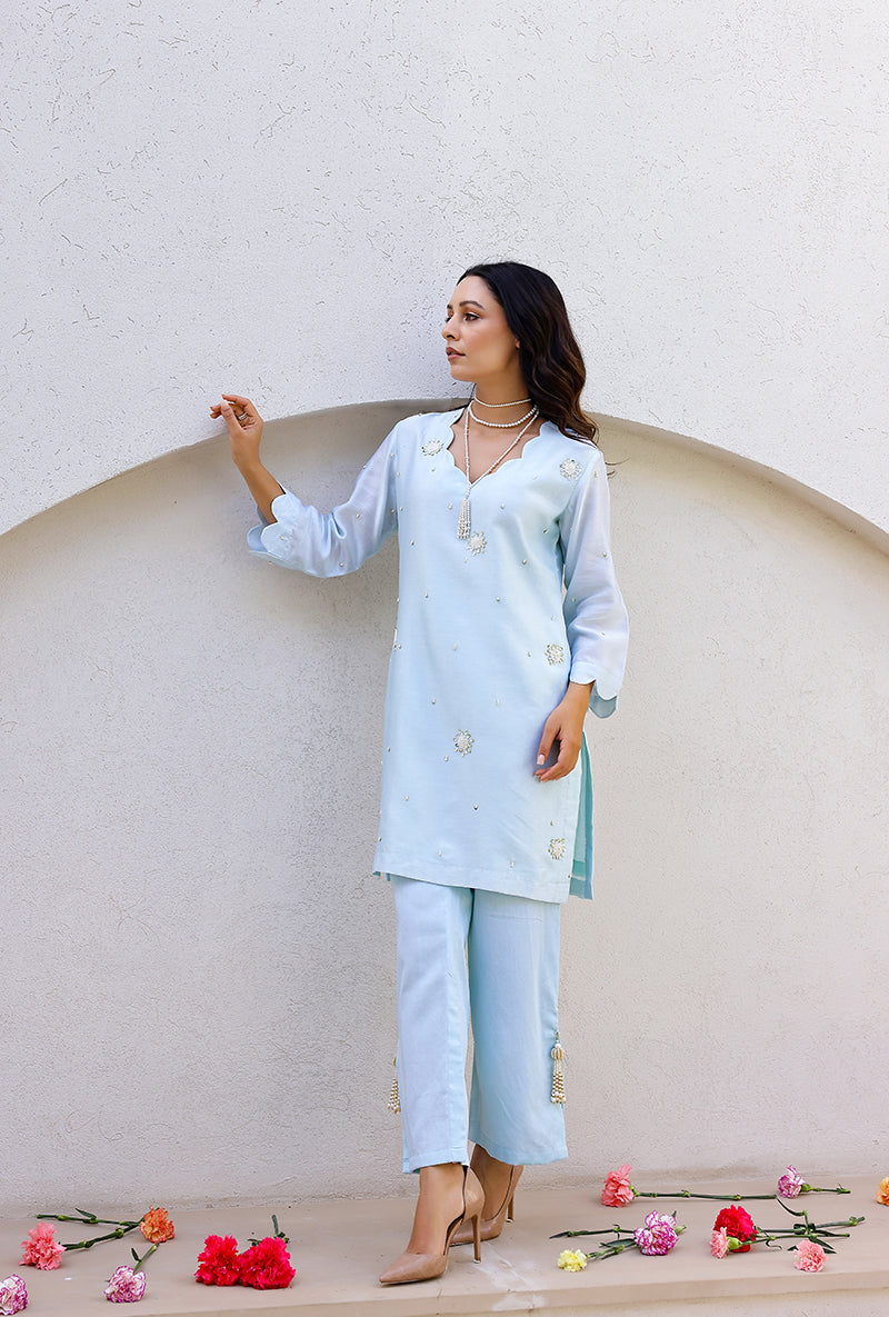 Blue Scalloped Pearl Embroidered Magnolia Short Kurta Set