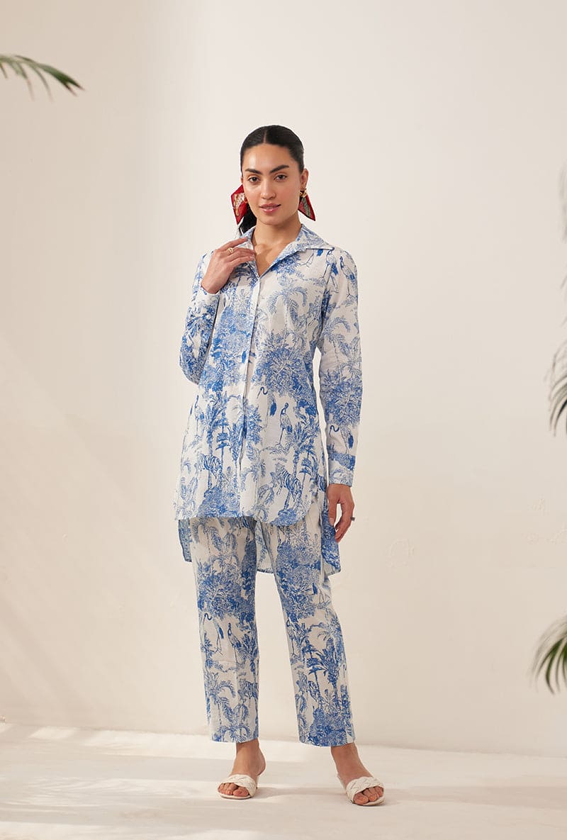 Meghna Nayyar In Blue Tropical High Low Lovebirds Co-ord Set