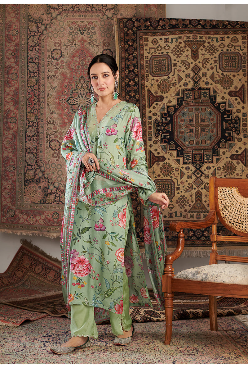 Mint Green Floral Print Aalam Kurta Set
