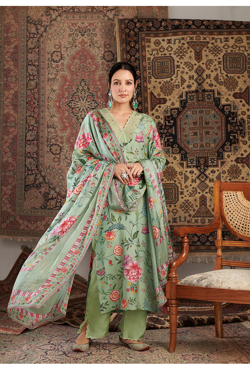 Mint Green Floral Print Aalam Kurta Set