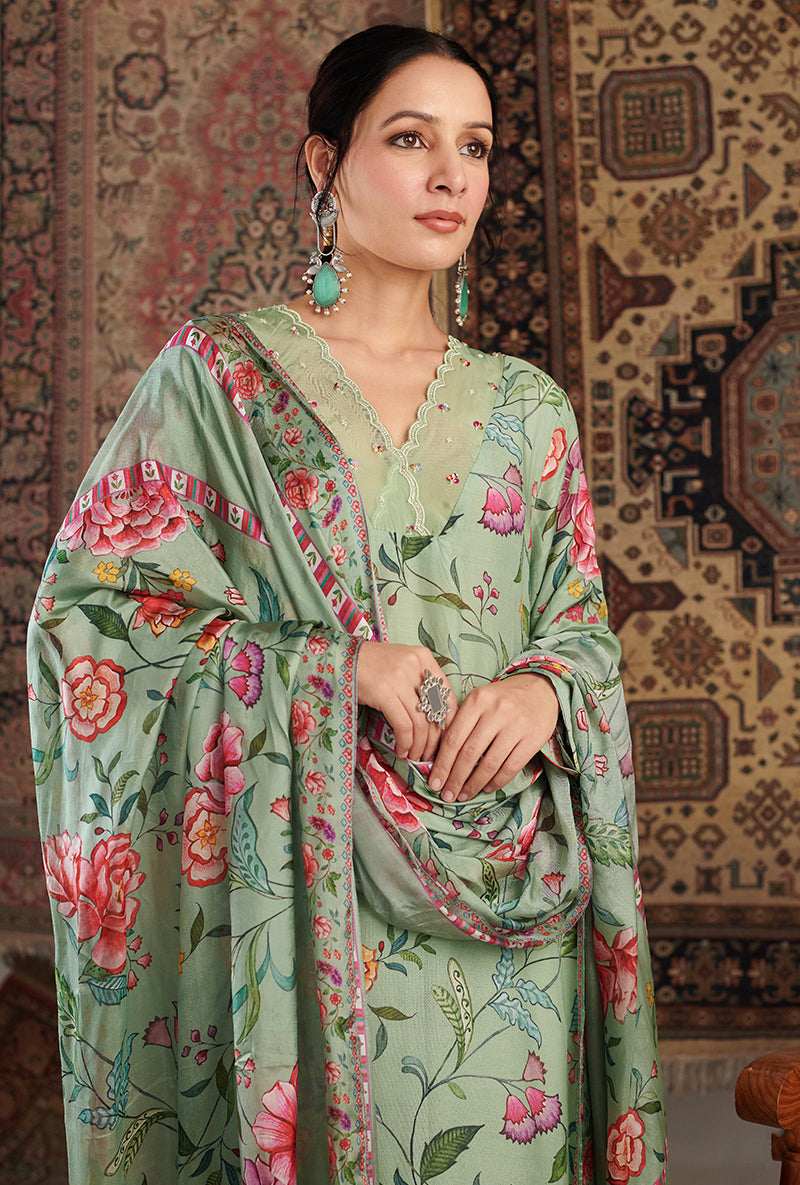 Mint Green Floral Print Aalam Kurta Set