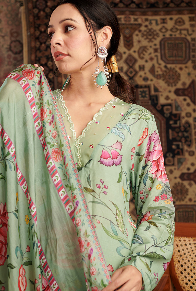 Mint Green Floral Print Aalam Kurta Set