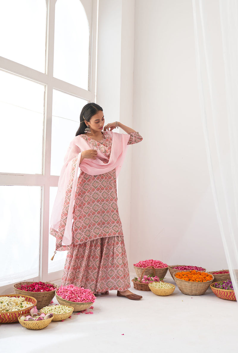 Powder Pink Printed Short Kurta Iris Gharara Set