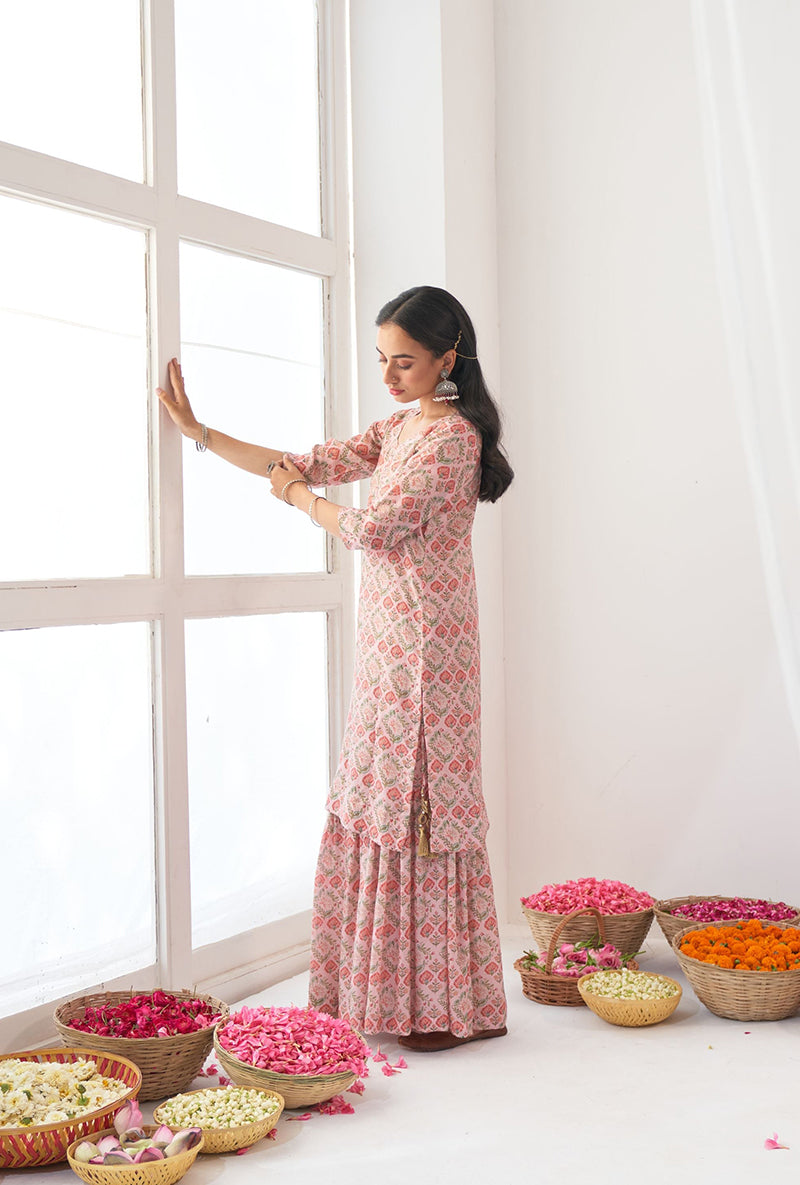 Powder Pink Printed Short Kurta Iris Gharara Set