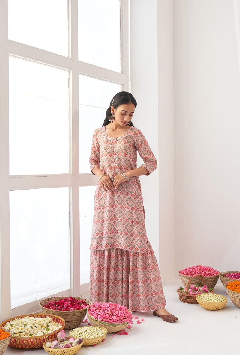 Powder Pink Printed Short Kurta Iris Gharara Set