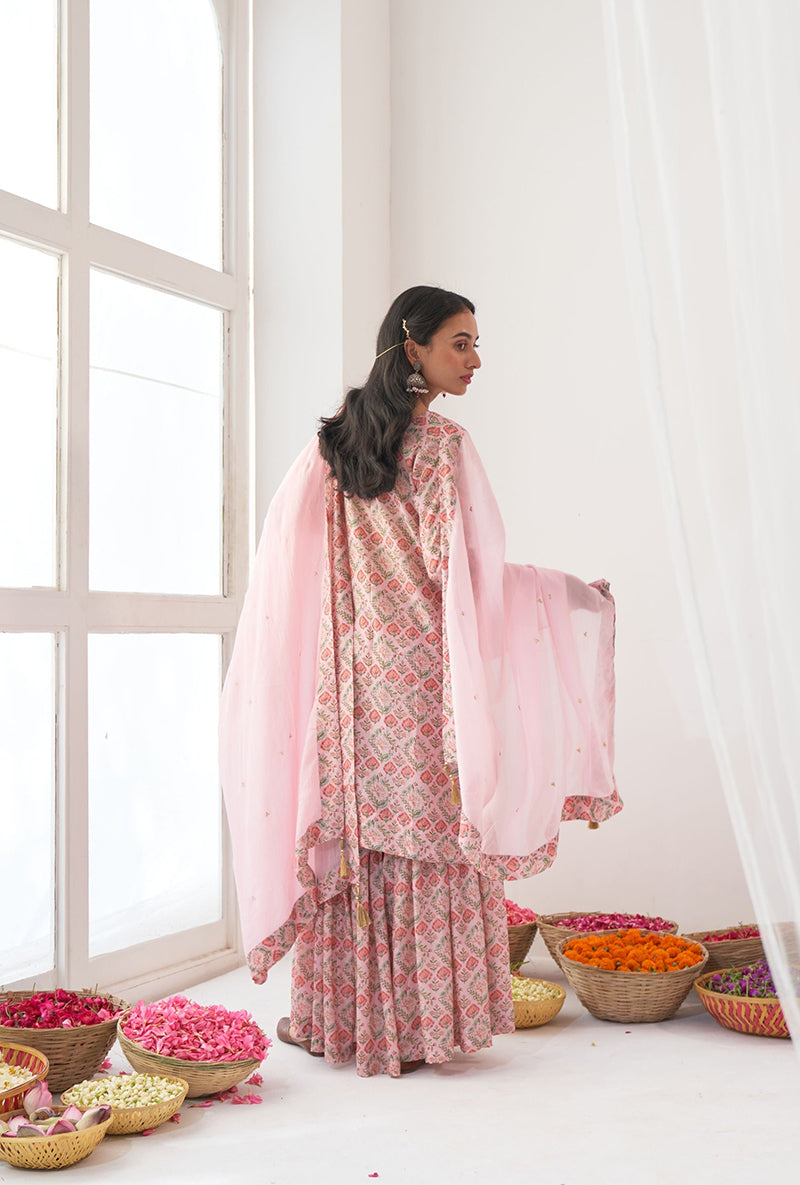 Powder Pink Printed Short Kurta Iris Gharara Set