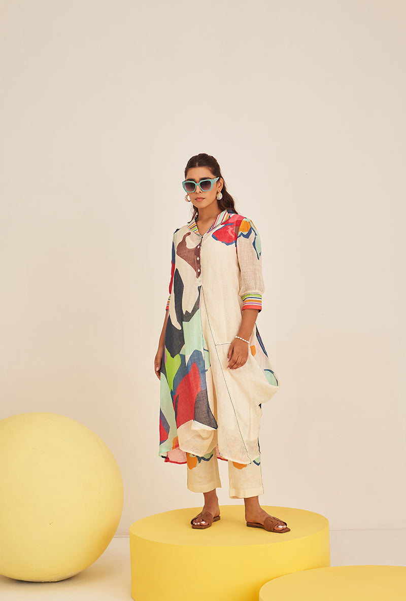 Red Abstract Print Cowl Bella Kurta Set