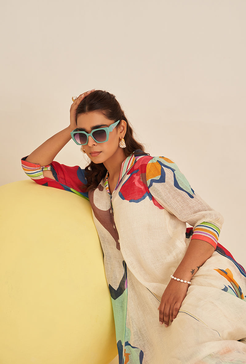 Red Abstract Print Cowl Bella Kurta Set