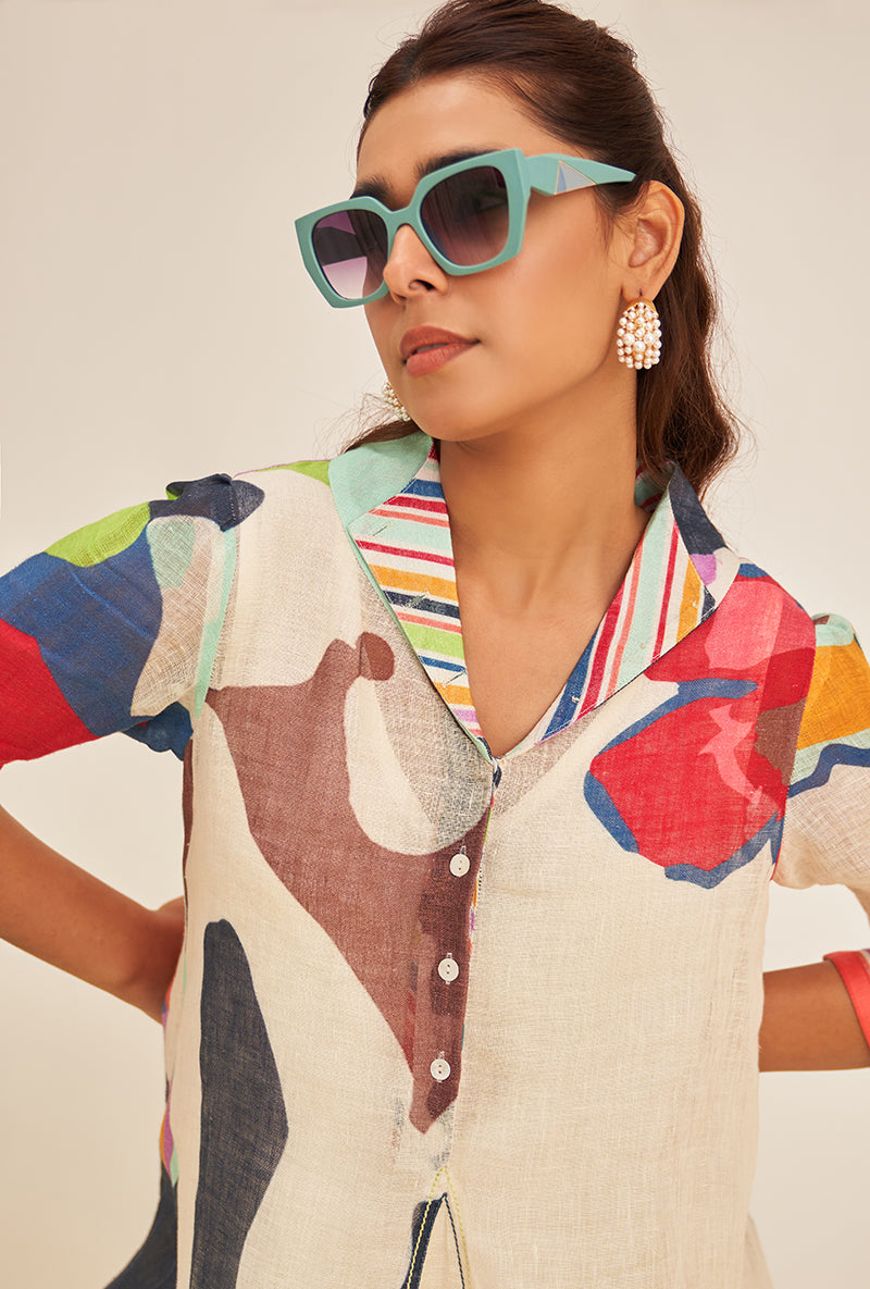 Red Abstract Print Cowl Bella Kurta Set