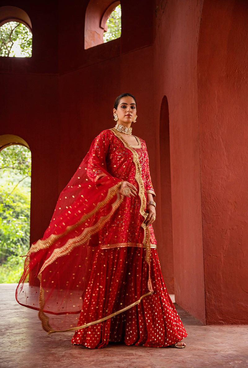 Red Mughal Print Hoor 3.0 Gharara Set