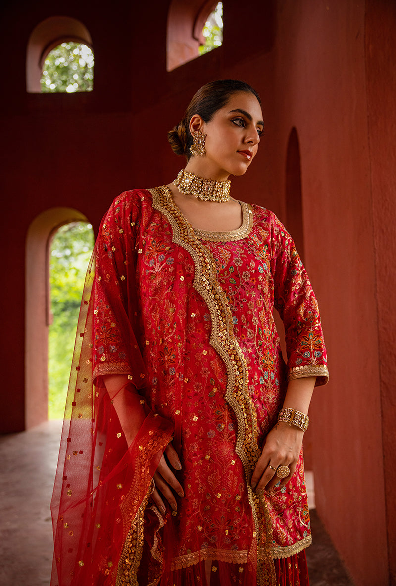 Red Mughal Print Hoor 3.0 Gharara Set