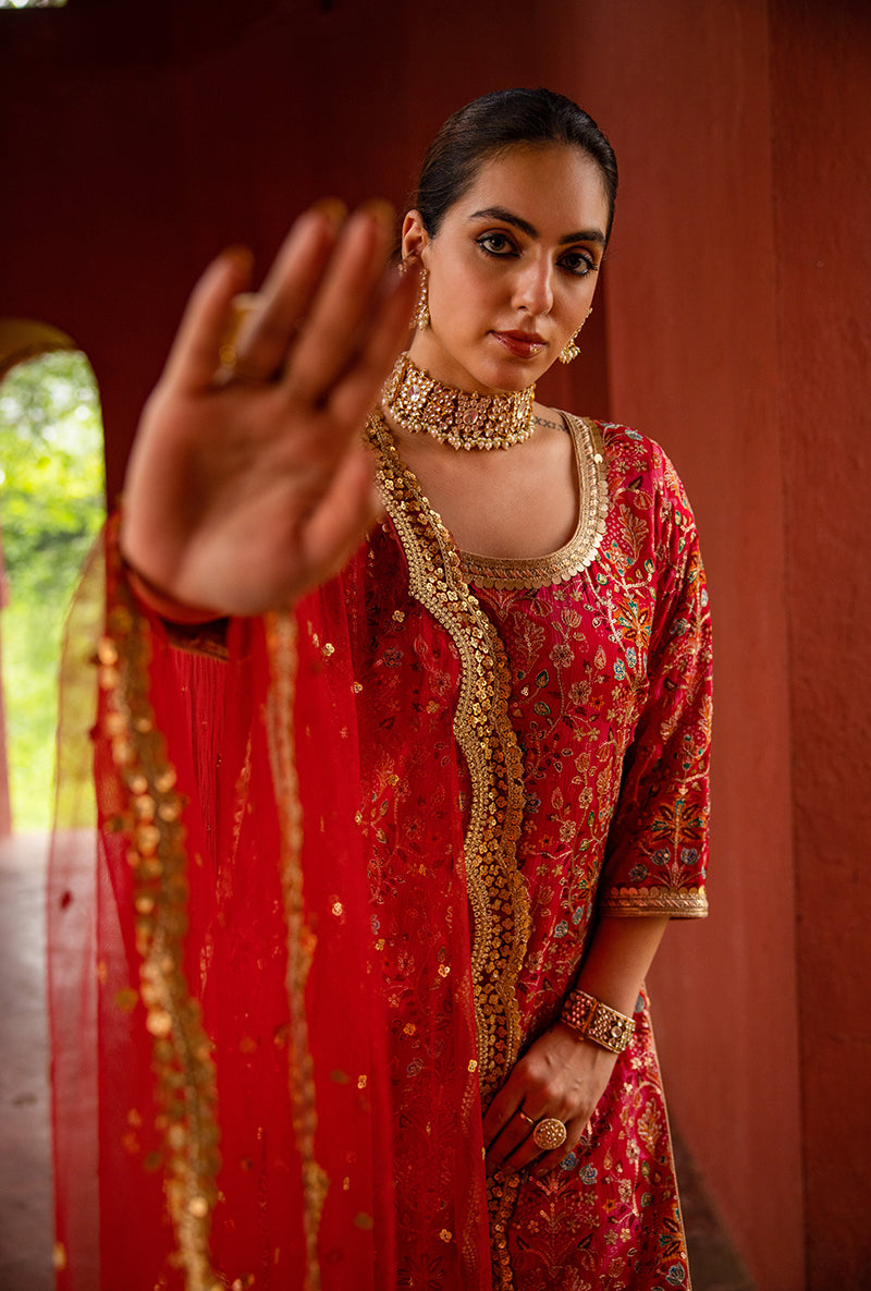 Red Mughal Print Hoor 3.0 Gharara Set