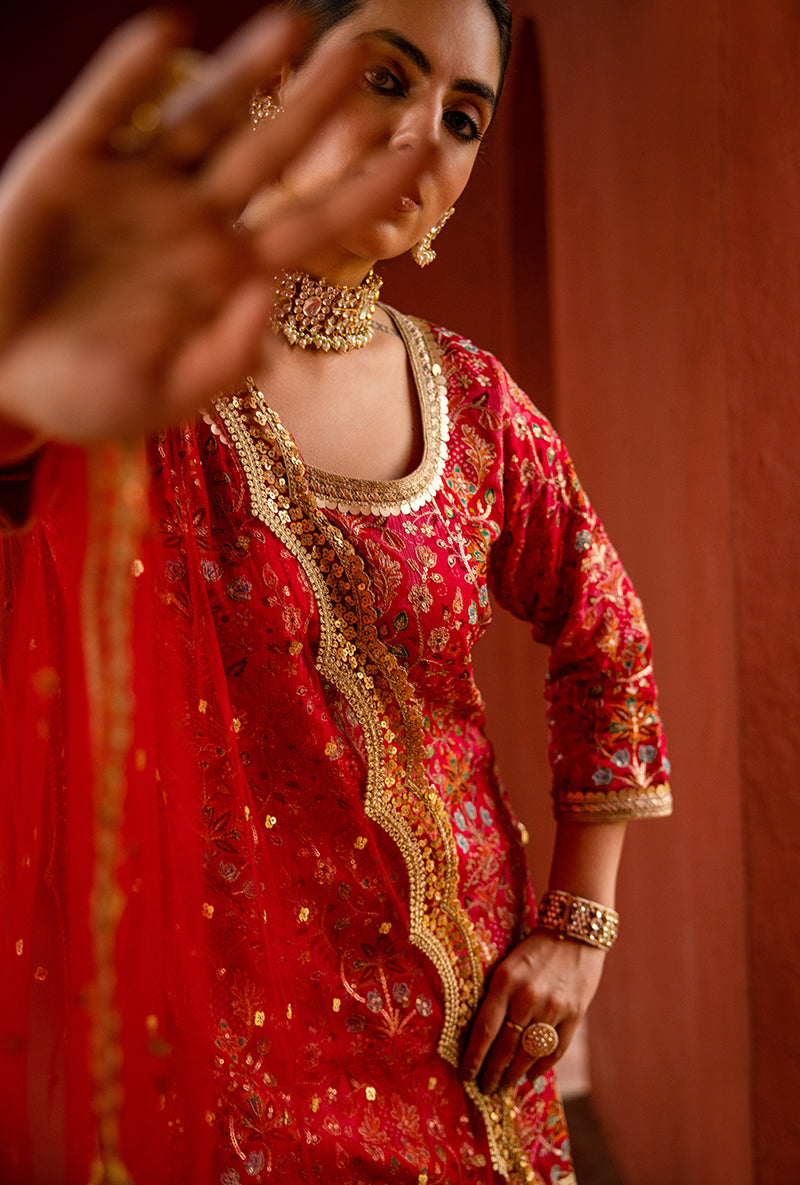 Red Mughal Print Hoor 3.0 Gharara Set