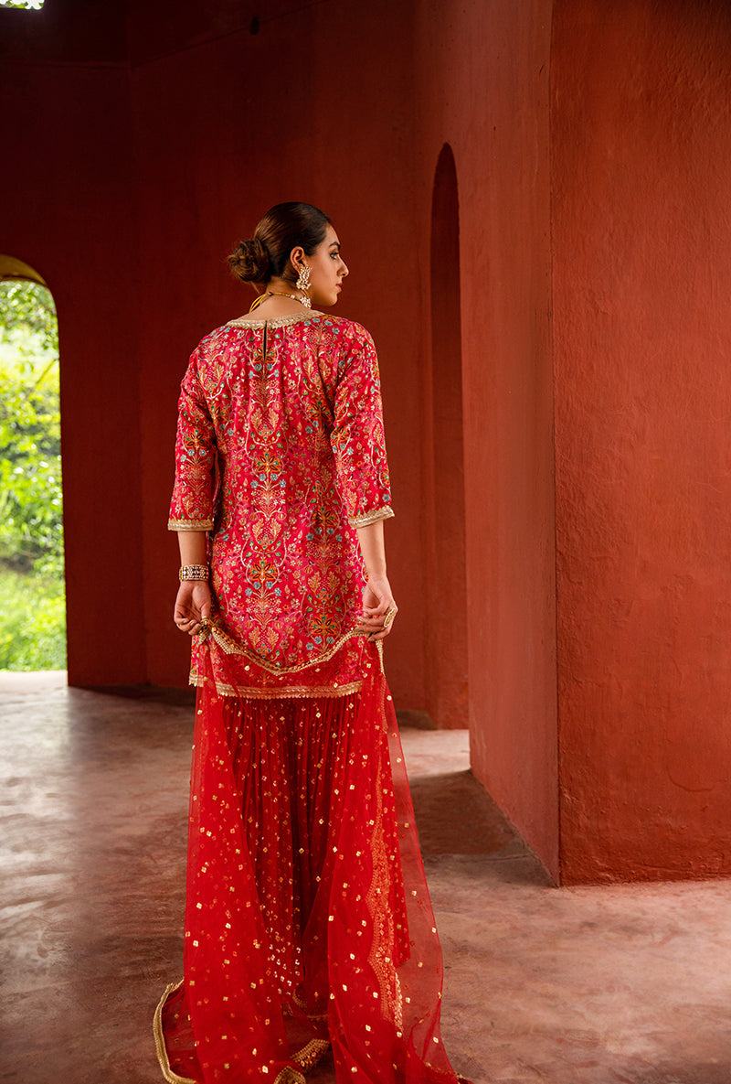 Red Mughal Print Hoor 3.0 Gharara Set