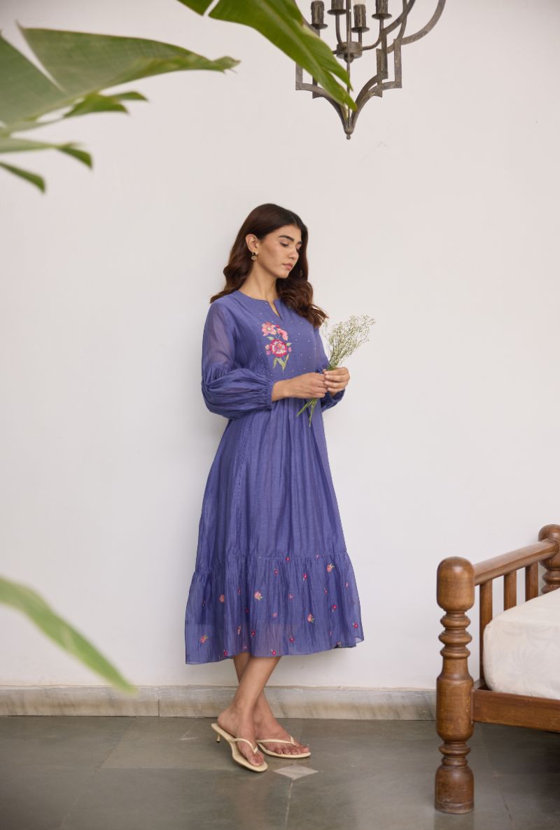 Blue Floral Embroidered Yoke Vaidehi Dress