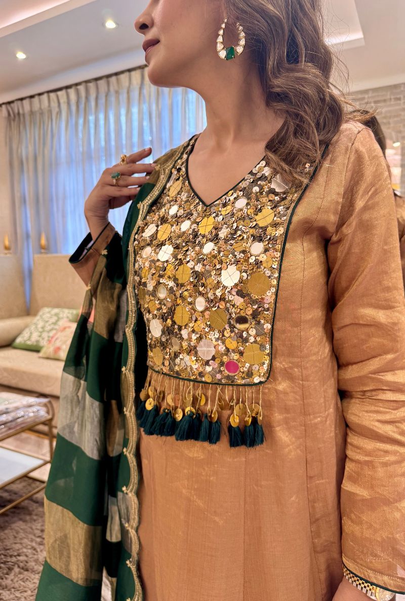 Meghna Nayyar in Gold Metallic Zardosi work Kainaat Anarkali Set